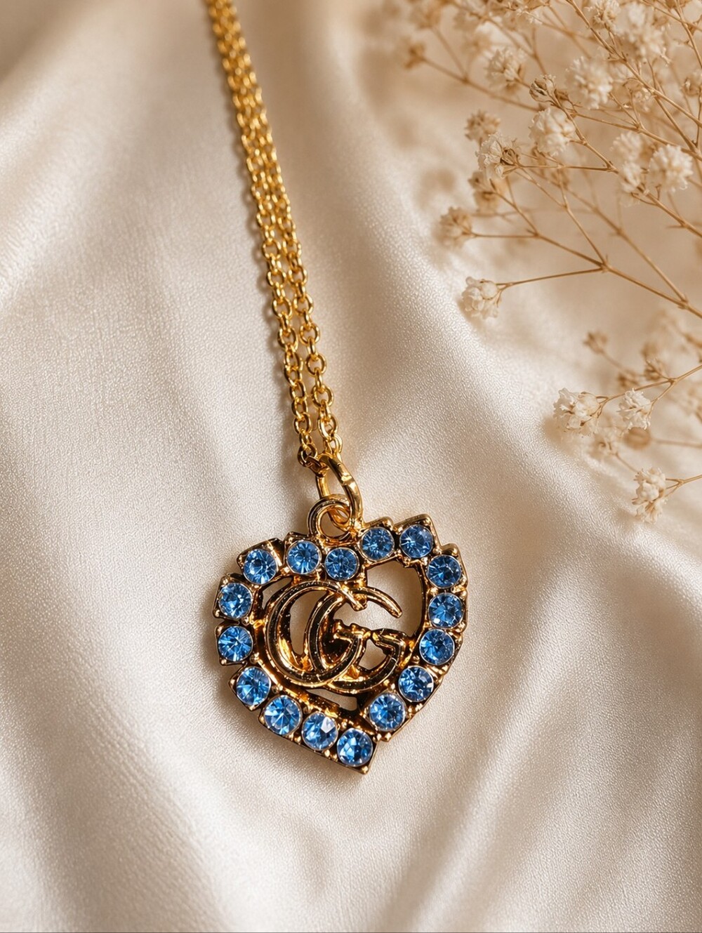 Gold Heart Pendant Necklace with Periwinkle Accents Upcycled Gucci Stamped